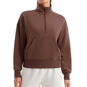 CRZ YOGA M/L SoftAura Brown Half Zip Funnel Neck Pocket Pullover Sweatshirt Top